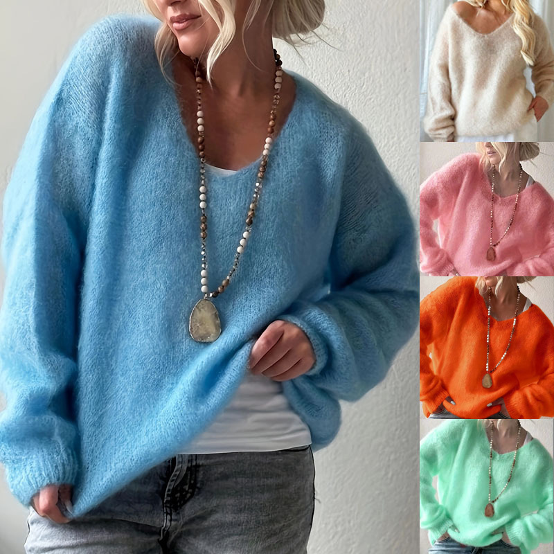Soft V-Neck Long-Sleeve Pullover Sweater Women Solid Loose Knit Top