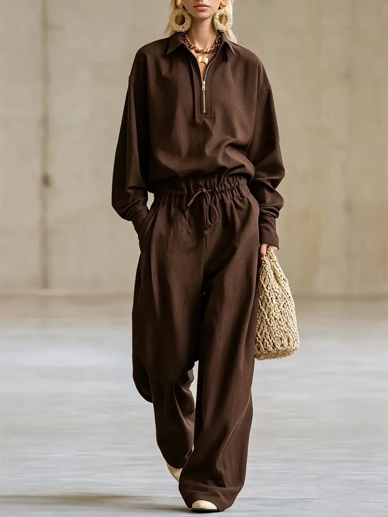 Solid Color Long Sleeve Drawstring Hoodie & Wide Leg Pants Set