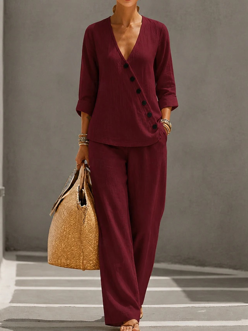 Women's Solid Color Button Top and Straight-Leg Pants Set
