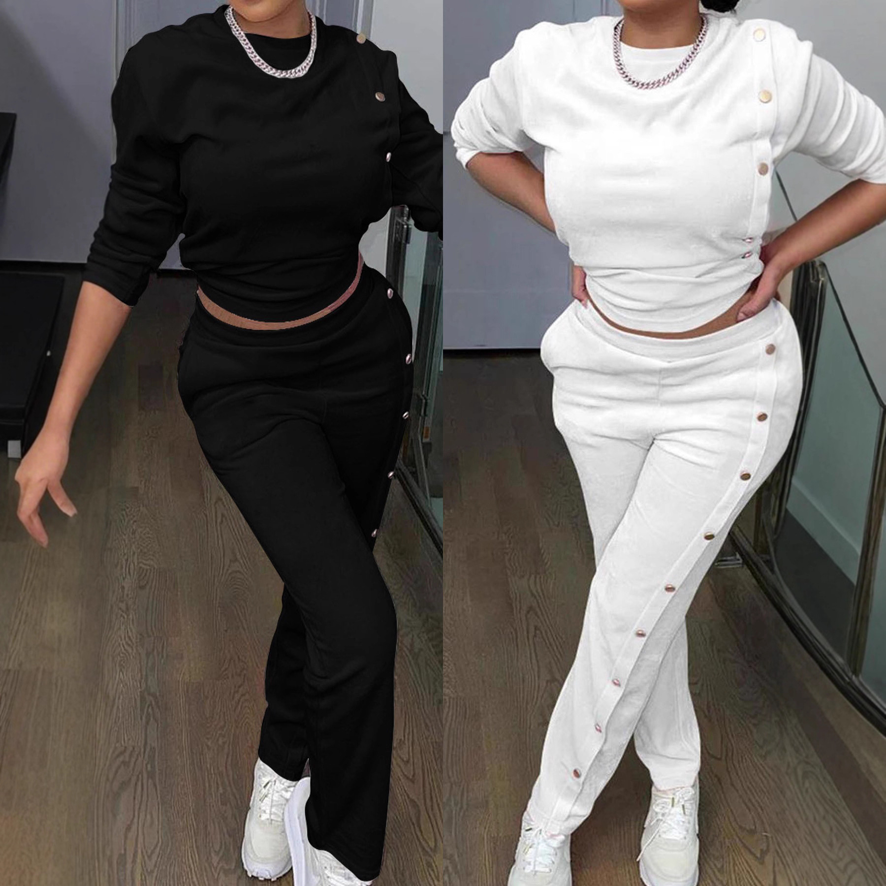 Side Button Two-Piece Sweatsuit Long Sleeve Top & Pants Casual Set