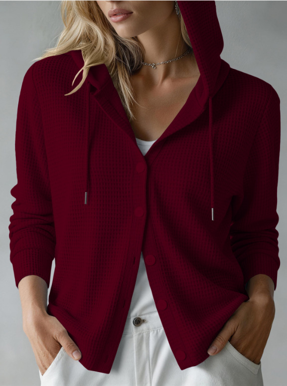 Waffle Knit Hooded Button-Front Cardigan