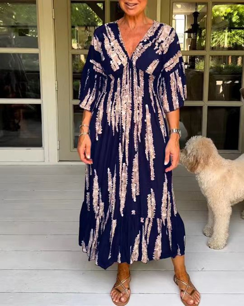 Women's Summer V-Neck Floral Print Bell Sleeve Maxi Dress