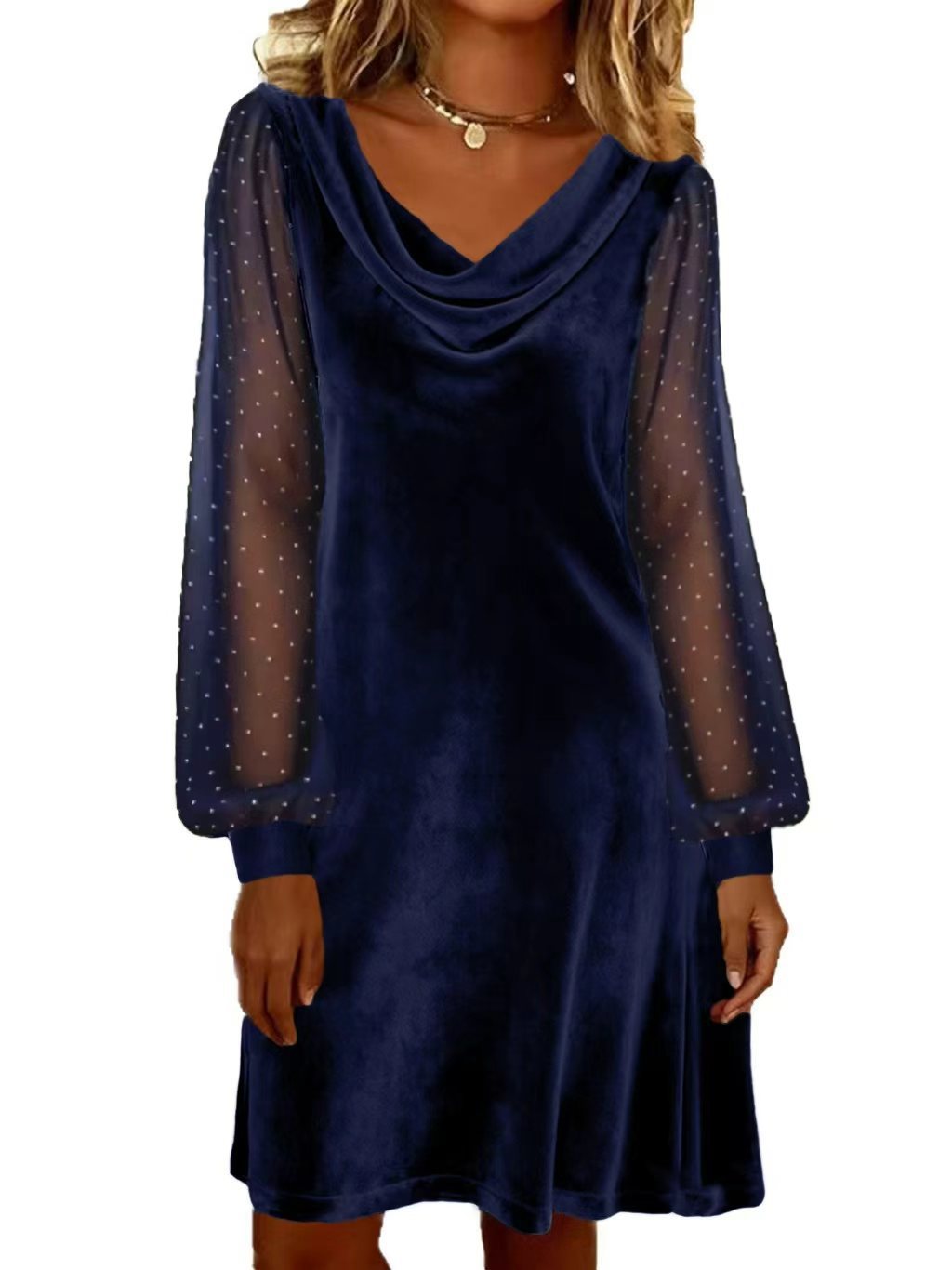 Women's Solid V-Neck Mesh A-Line Midi Dress with Sequin Detail