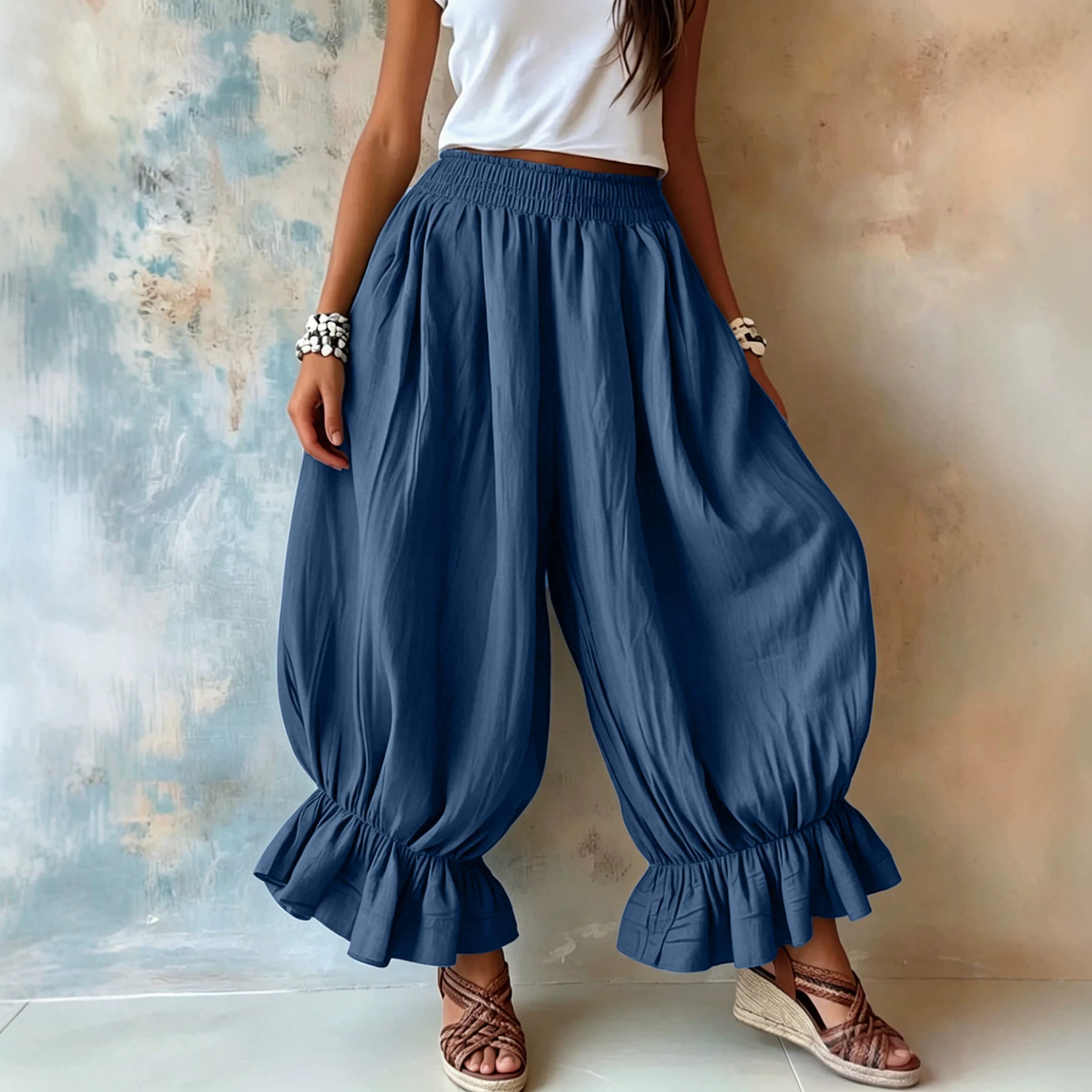 Women's Loose Casual Cotton-Linen Ruffle Lantern Pants