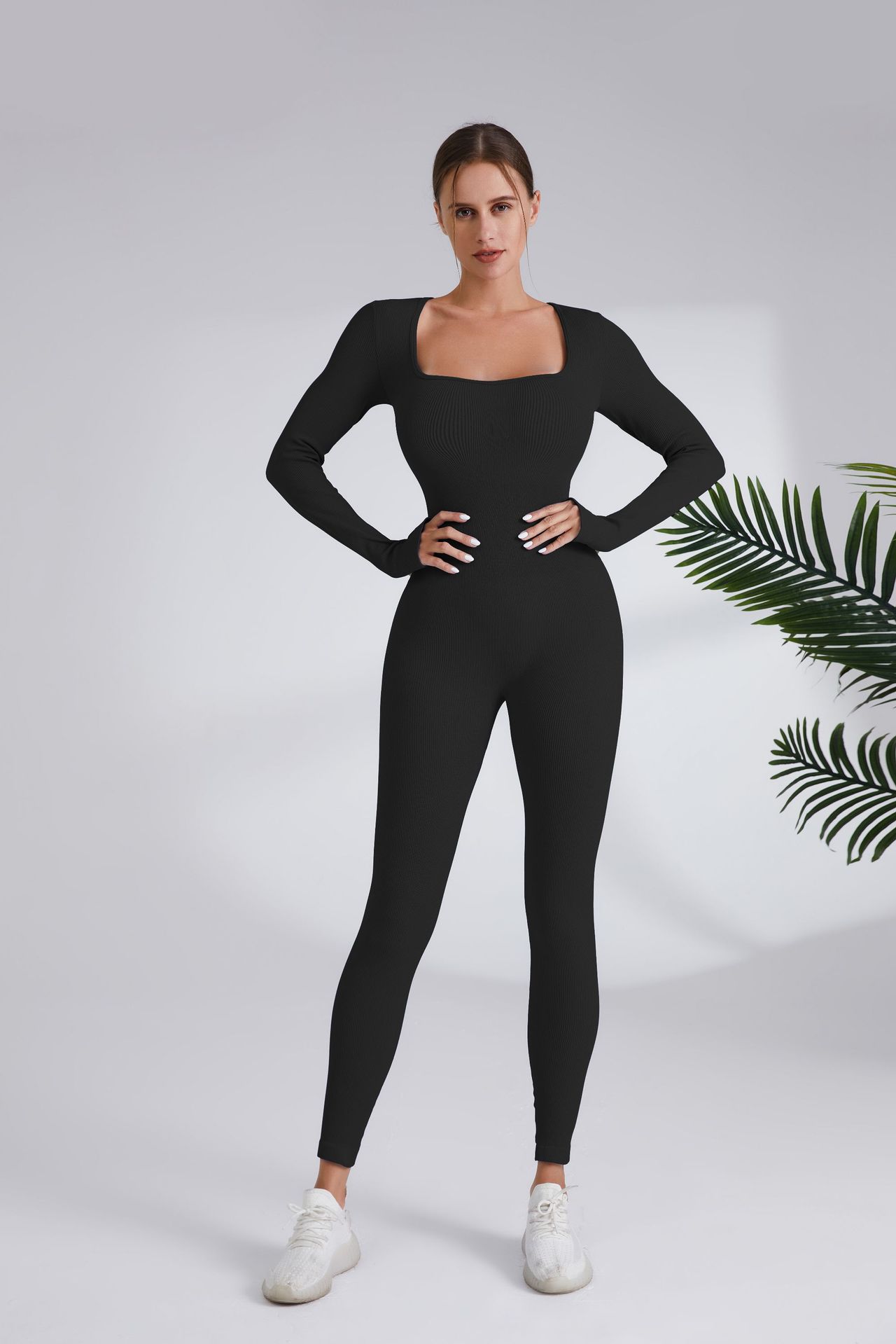Women's Ribbed Long Sleeve One-Piece Yoga Jumpsuit Quick-Dry Running Fitness Bodysuit