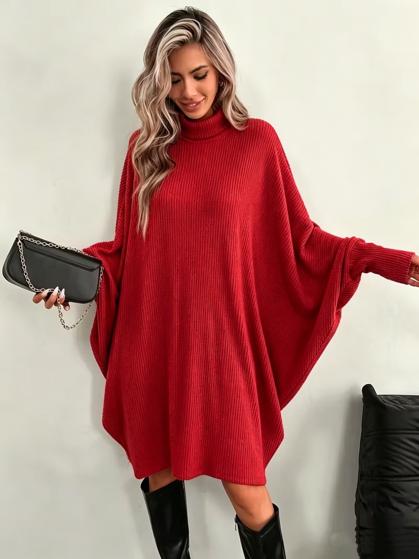 Elegant Batwing Sleeve Turtleneck Long Sleeve Dress