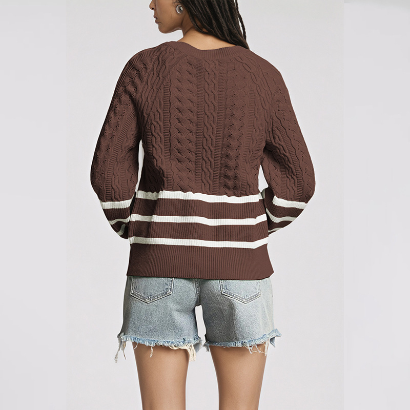 Women's Cable Knit Striped Crewneck Sweater Loose Fit Long Sleeve