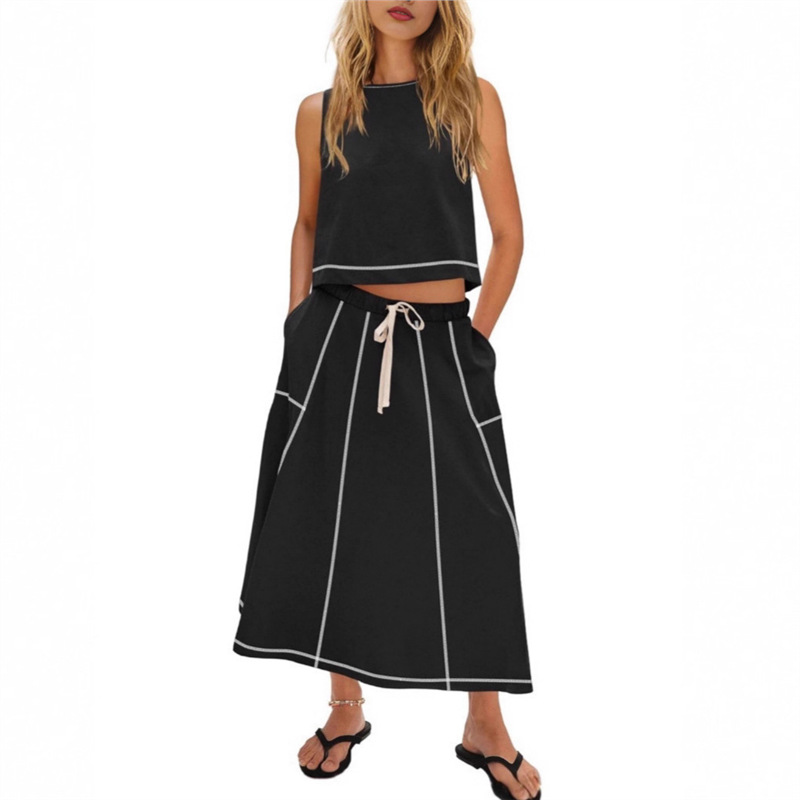 Women's Sleeveless Tank Top and Midi Skirt Two-Piece Set Colorblock