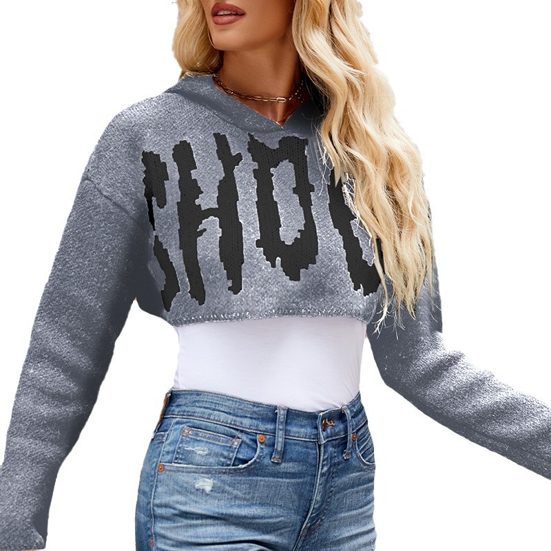 Halloween Letter Jacquard Hooded Cropped Knit Sweater