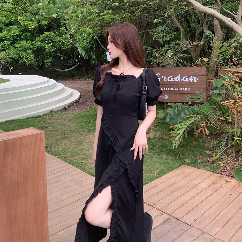 Black Square-Neck Bubble-Sleeve Midi Dress with Tie Waist