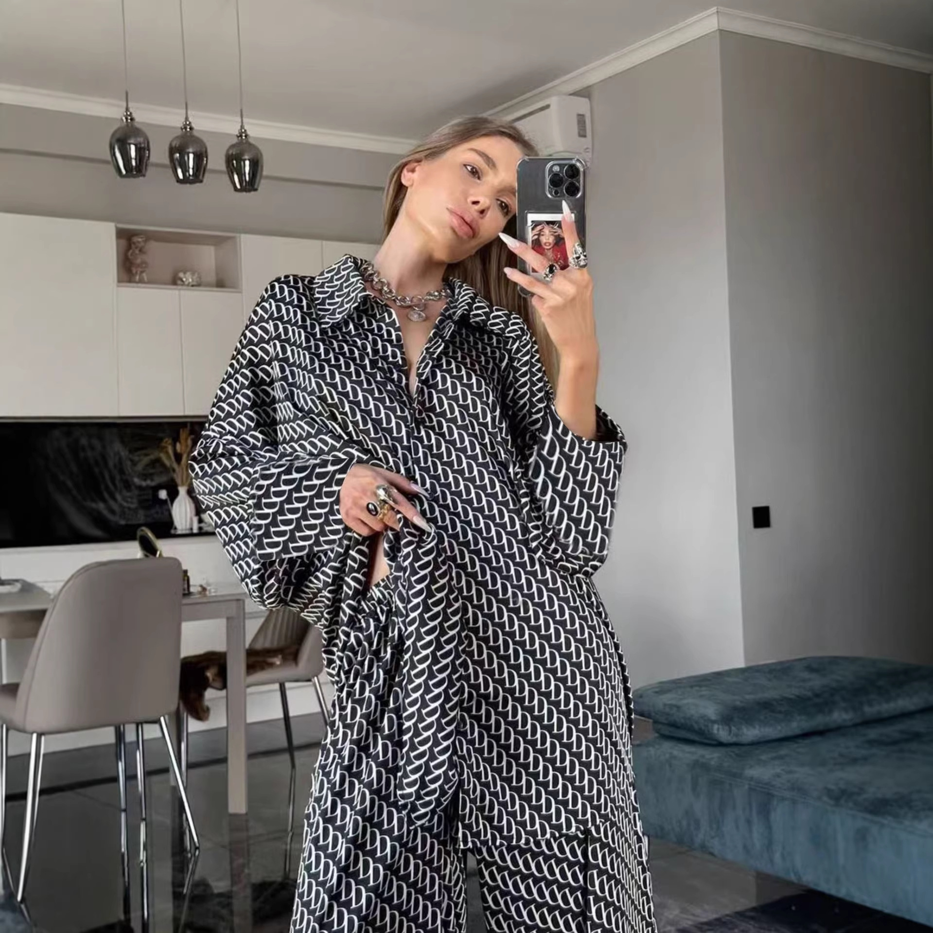 Women's Printed Long Sleeve Shirt and Pants Set