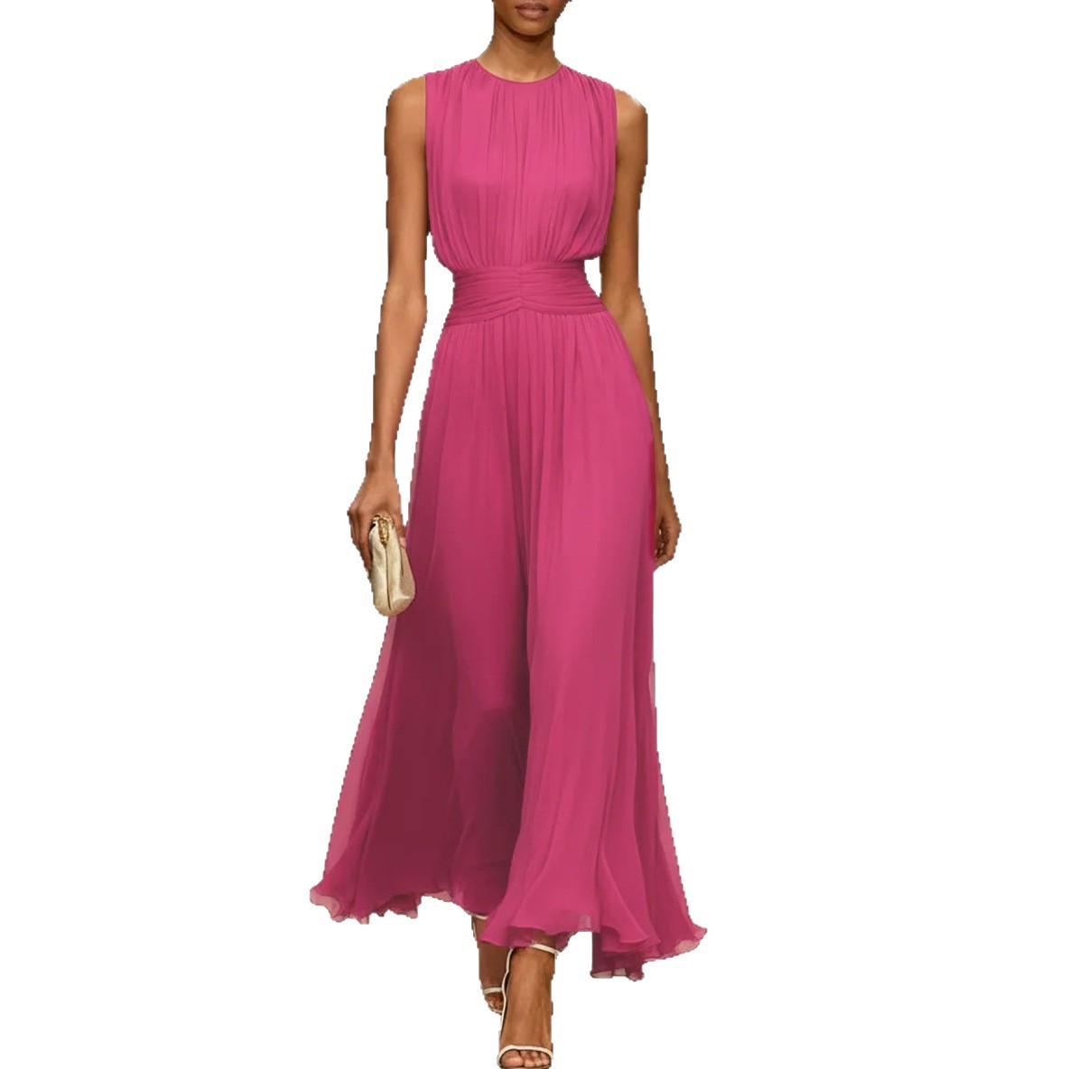 Sleeveless Solid Color Waist-Cinched A-Line Midi Dress with Round Neck