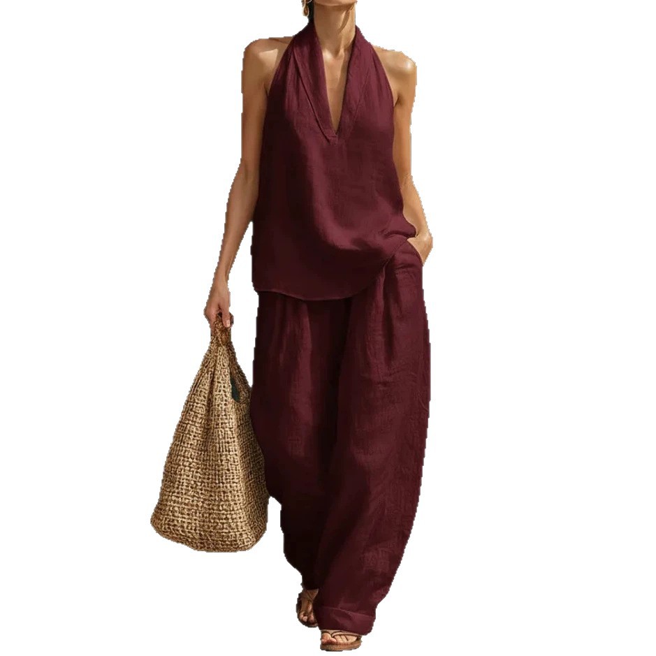 French-Style Halter V-Neck Open-Back Top & Wide-Leg Pants Set