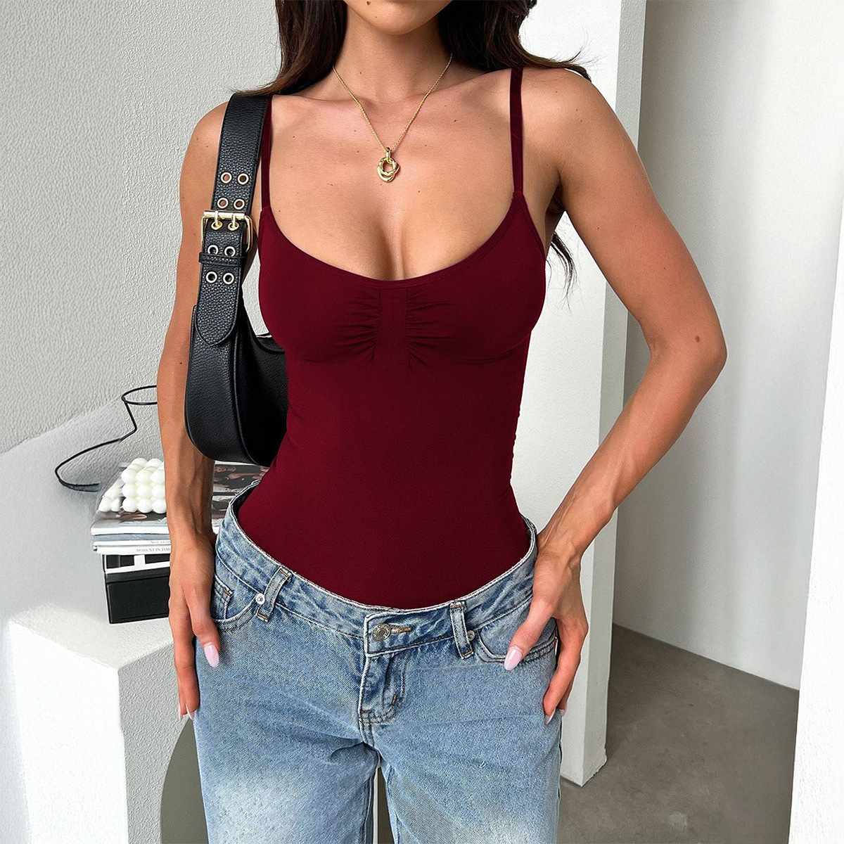Y2K Sexy Sleeveless Cami Vest Bodysuit for Women Solid Color High Waist