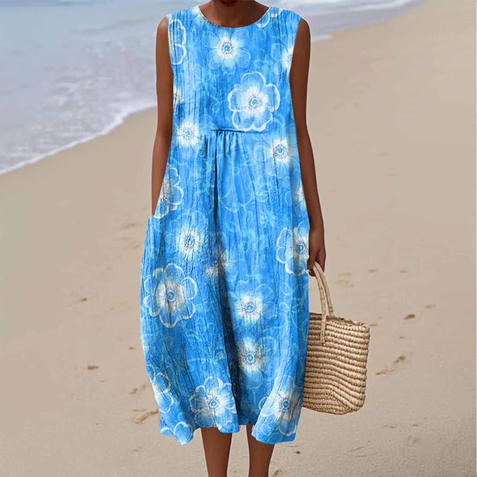 Women's Vintage Floral Print Midi Dress Sleeveless Round Neck Slim Fit