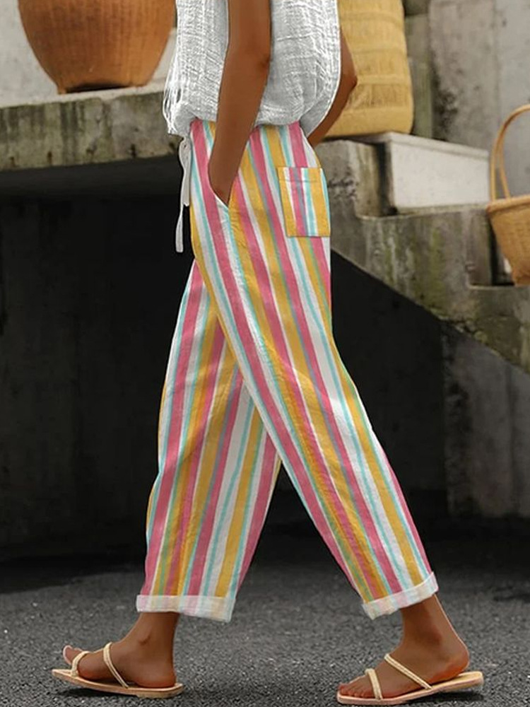 Women's Drawstring Pocket Straight-Leg Pants with Digital Print