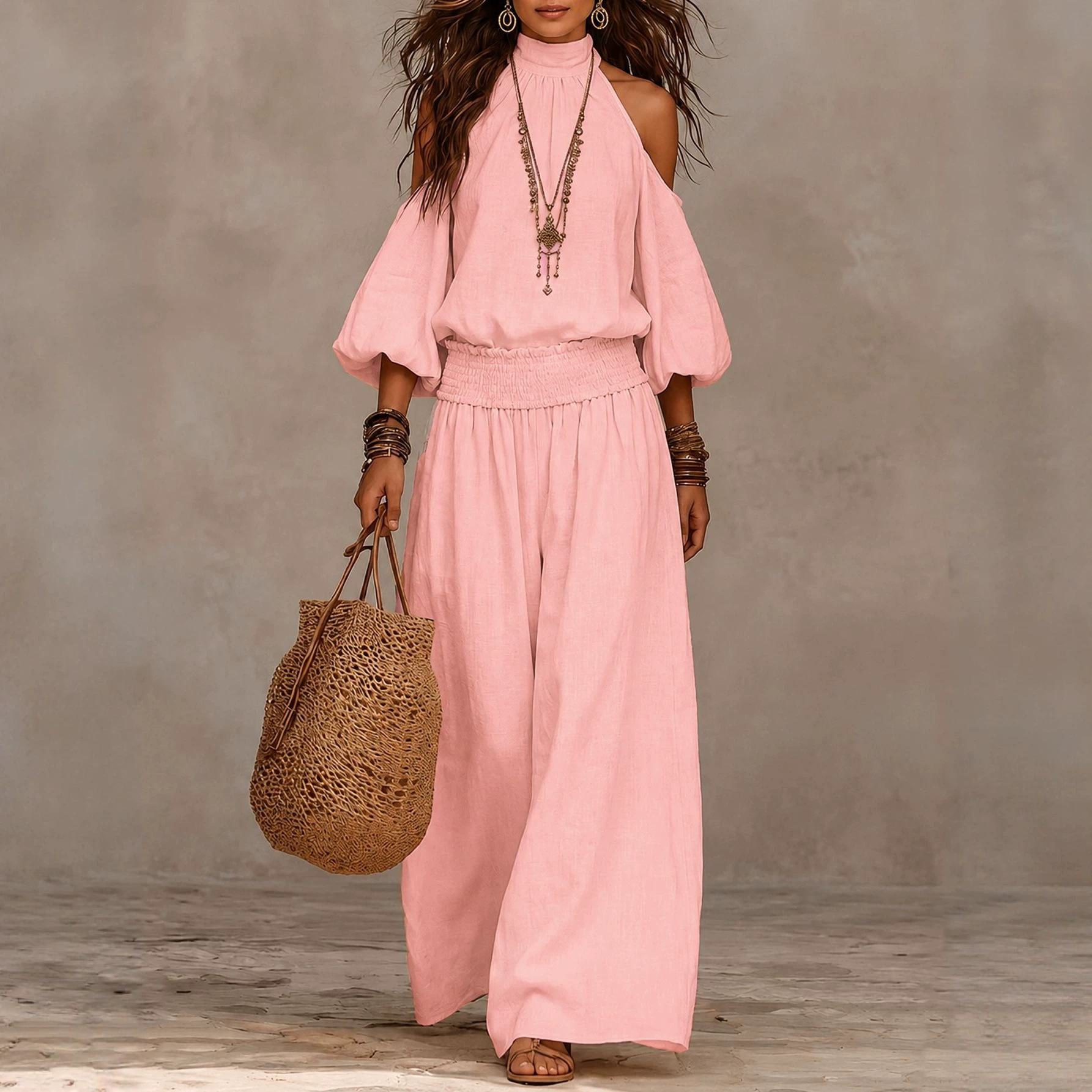 Women's Casual Crewneck Long Sleeve Cutout Top and Smocked Wide-Leg Pants Set