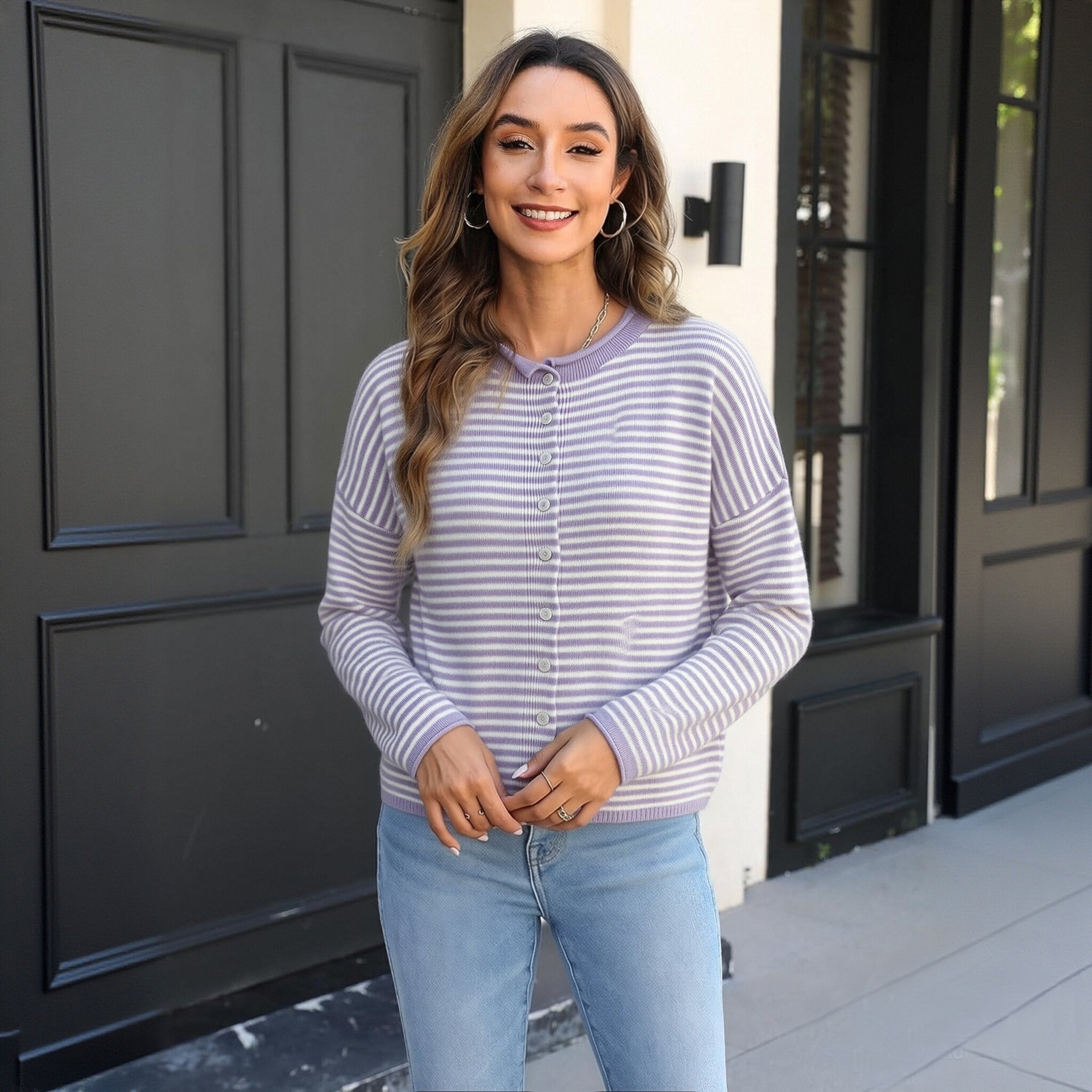 Striped Knit Cardigan Women's Loose Crew Neck Single-Breasted Long Sleeve Casual Outerwear