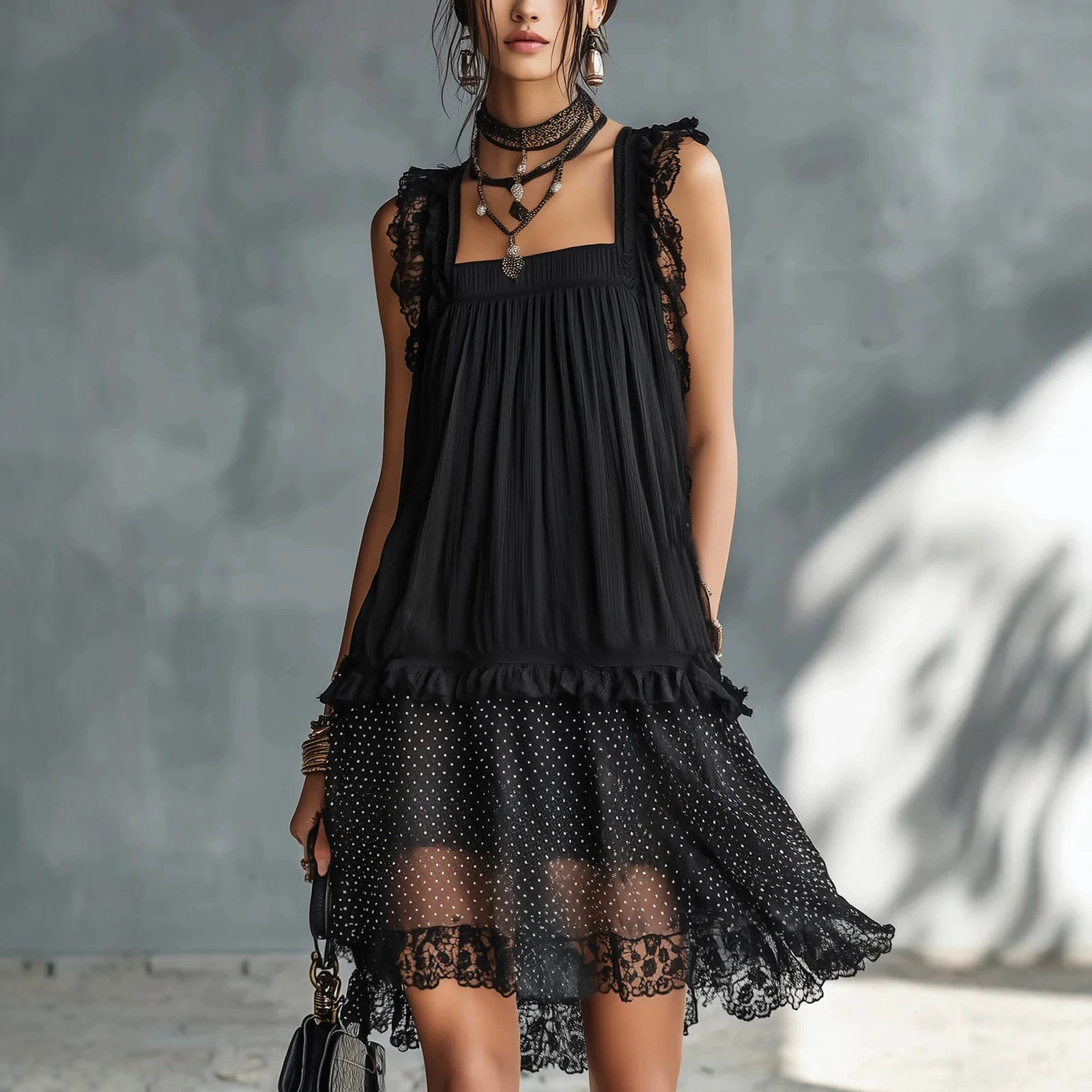 Sleeveless Black Lace Panel Dress with Round Neck