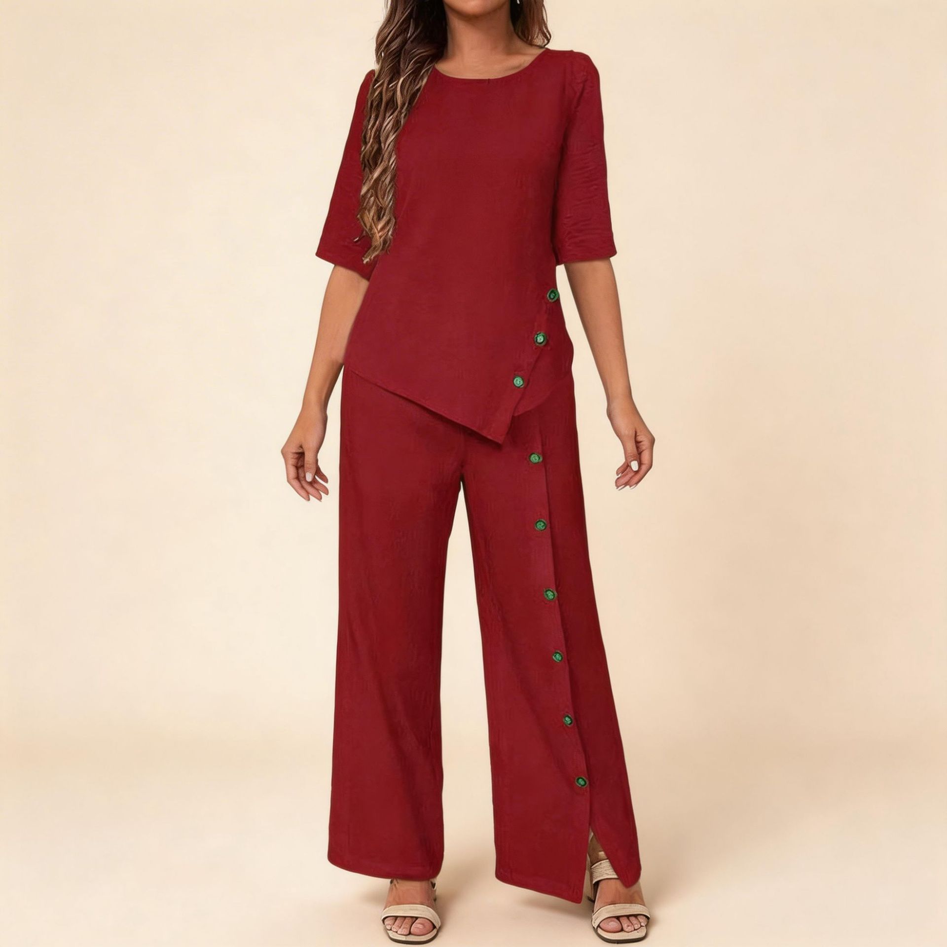 Women's Asymmetrical Hem Pant Set with Button Short-Sleeve Shirt