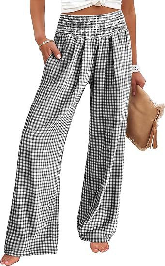 Plaid Wide-Leg Casual Pants with Elastic Waist