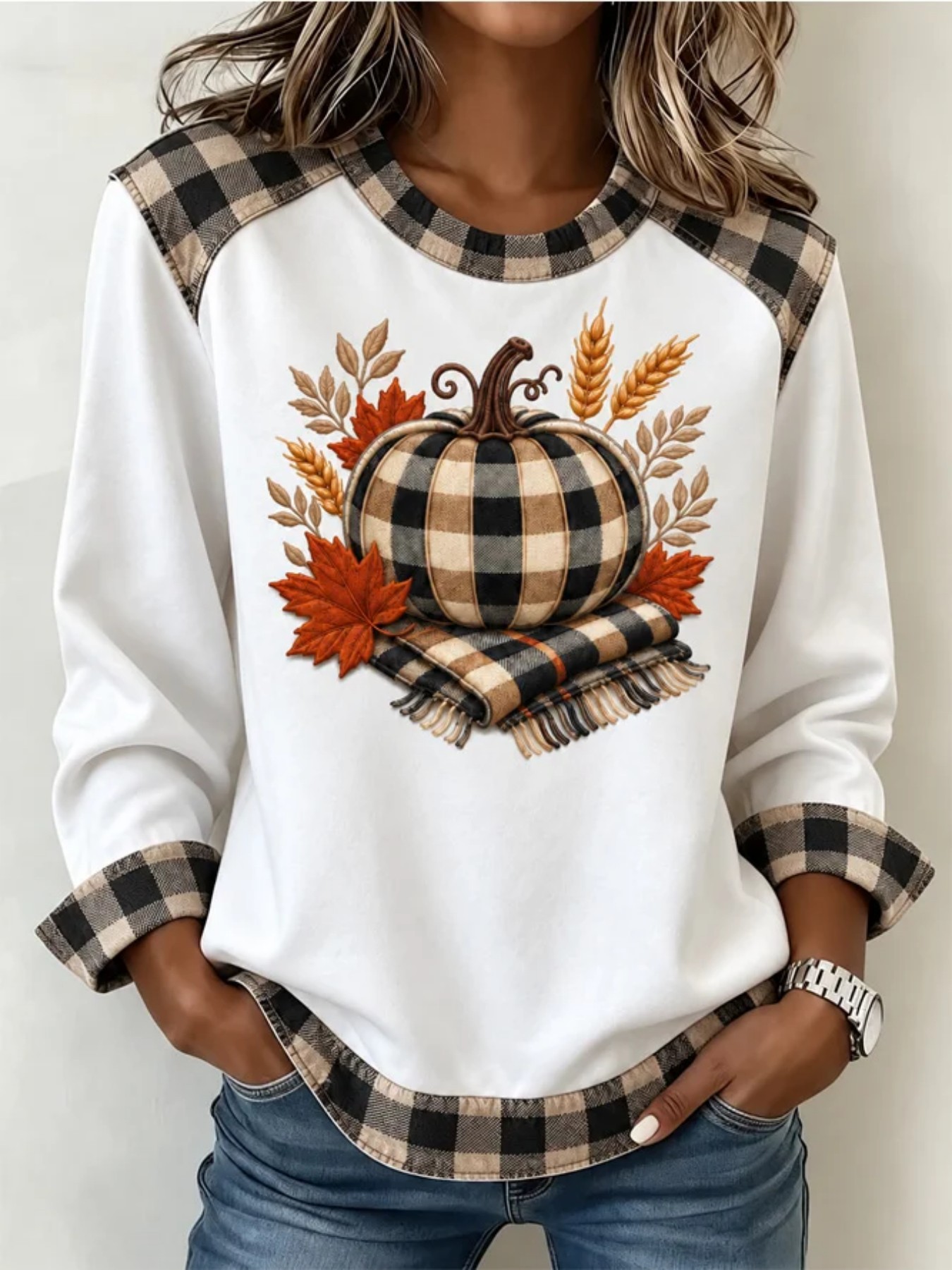 Pumpkin Maple Leaf Plaid Print Crewneck Long Sleeve Pullover Sweatshirt