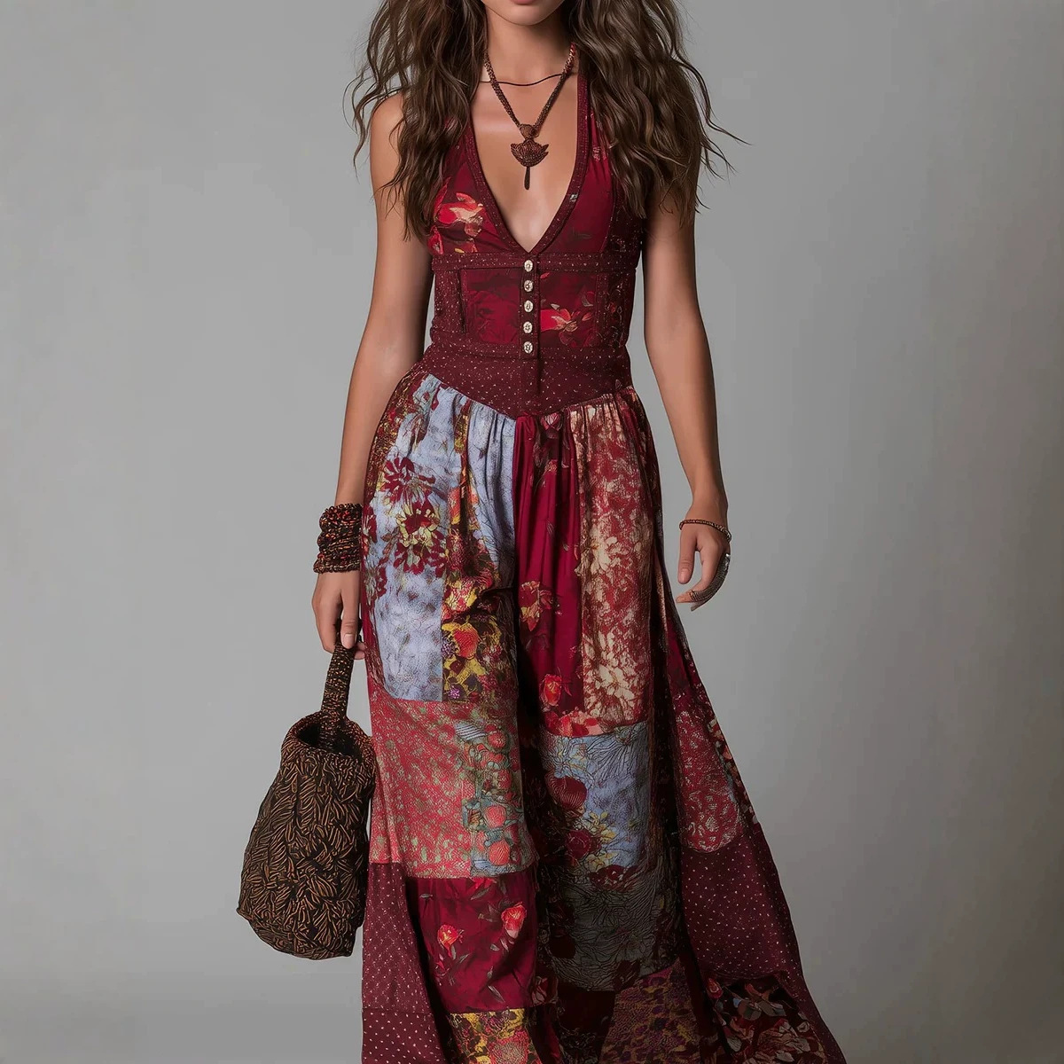 Purple High Neck Lace Panel Chiffon Maxi Dress