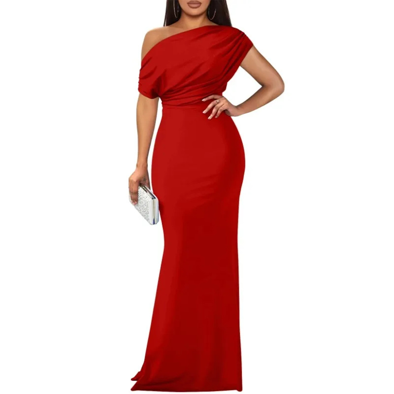 Elegant Solid One-Shoulder Ruched Bodycon Dress