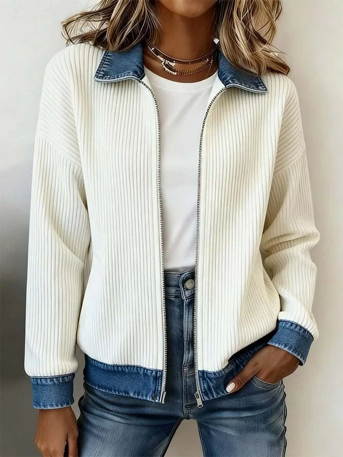 Women's Knit Spliced Denim Shirt Jacket Long Sleeve Open Front