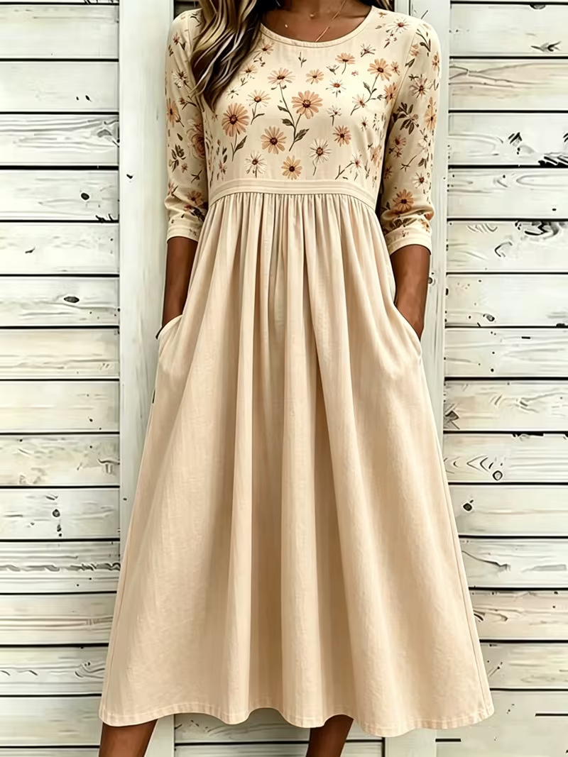 Women's Floral Print Pleated Midi Dress Round Neck Five-Sleeve Slim Fit