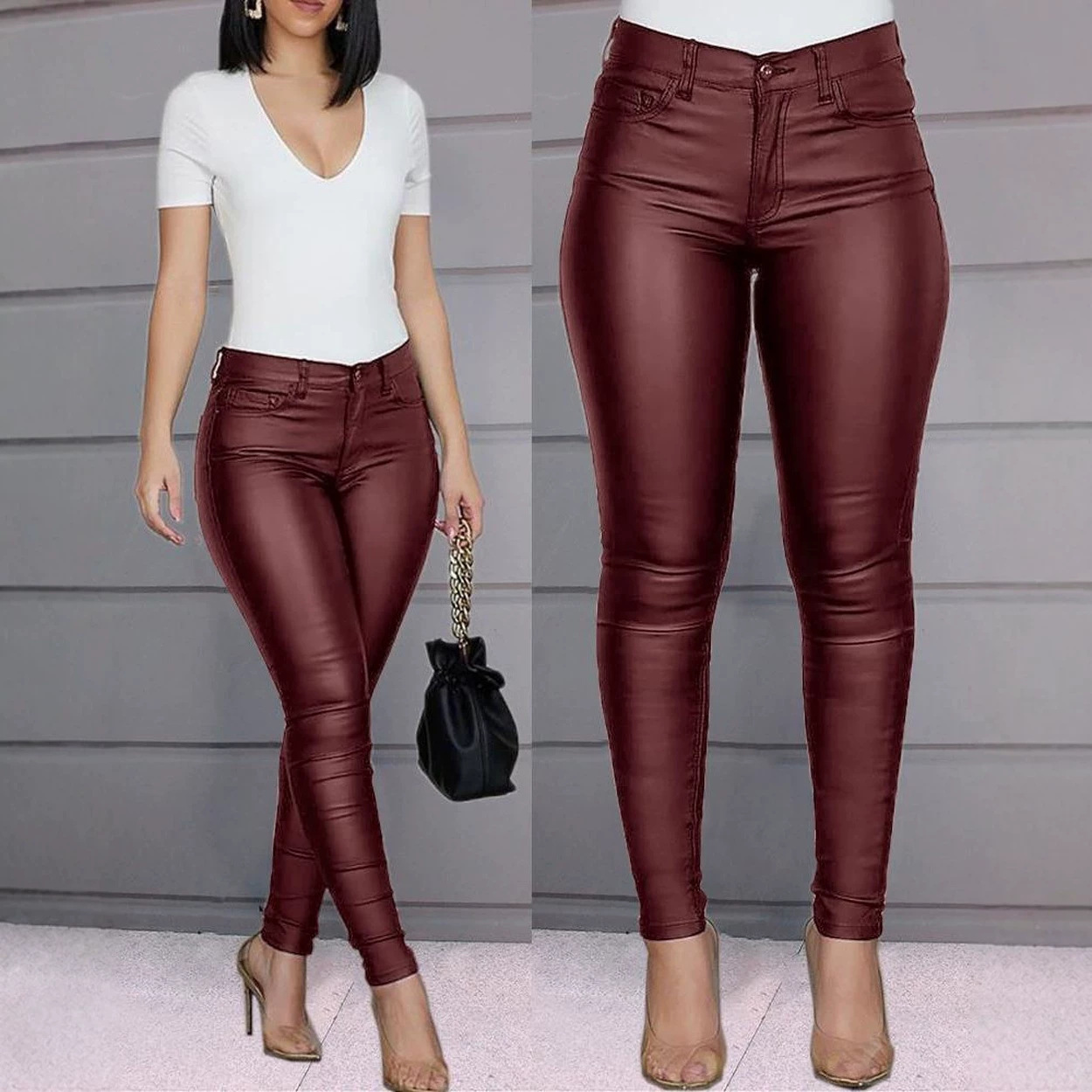 Women's Solid PU Leather Skinny Pants Stretchy High-Waist Leggings