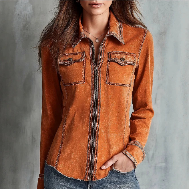 Retro Burnt Orange Zip Denim Jacket