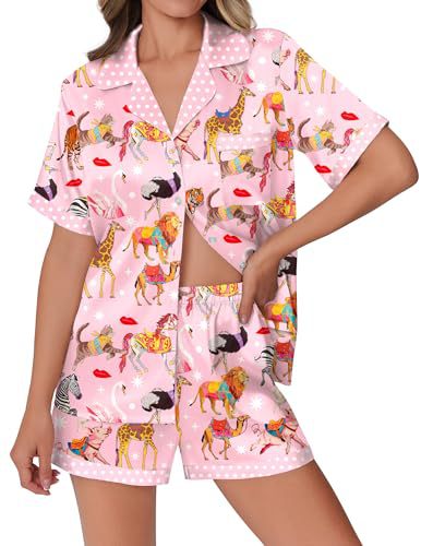 Cuban Collar Animal Print Short Sleeve Women's Set