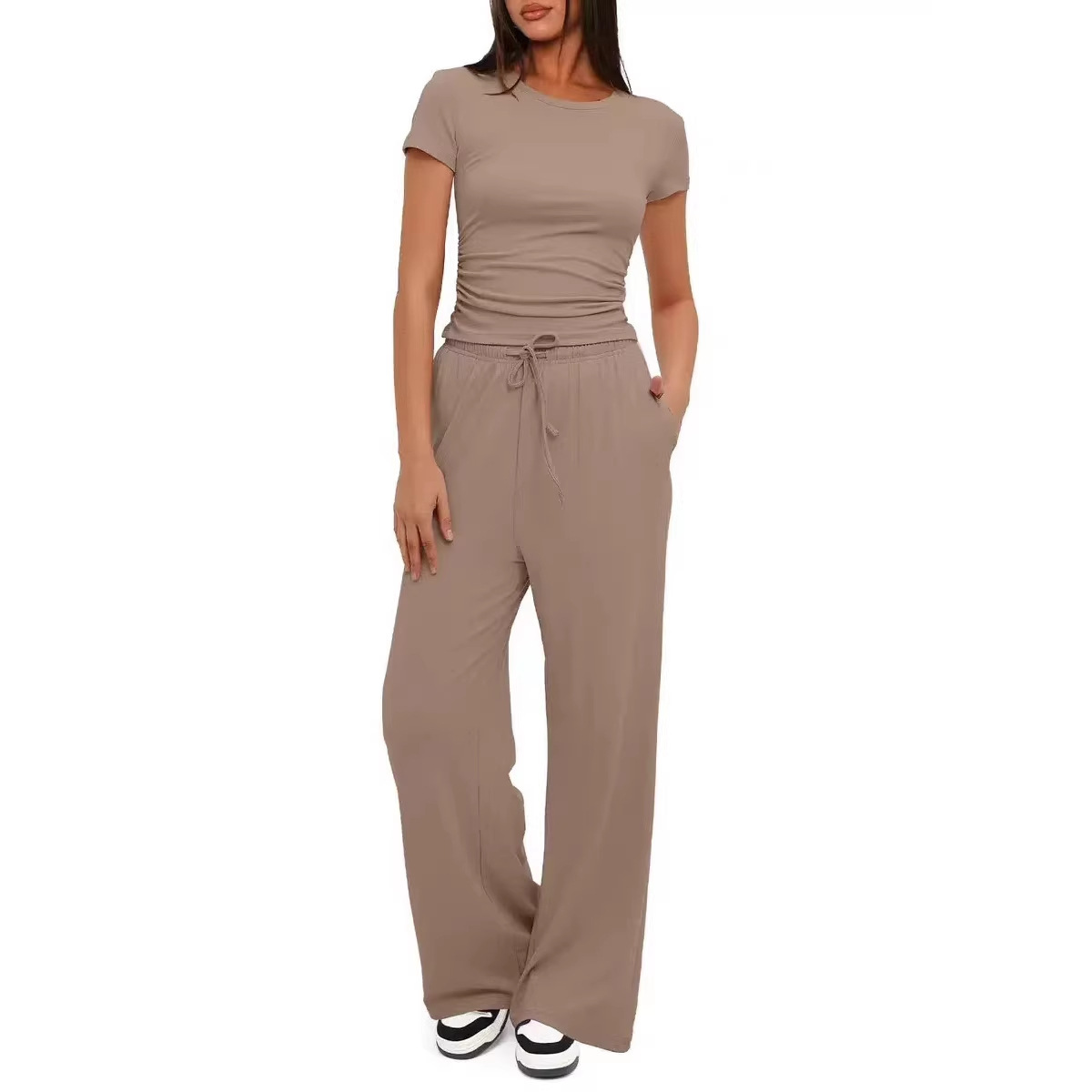 Women's Ruched Short Sleeve Top and Wide Leg Pants Two-Piece Set