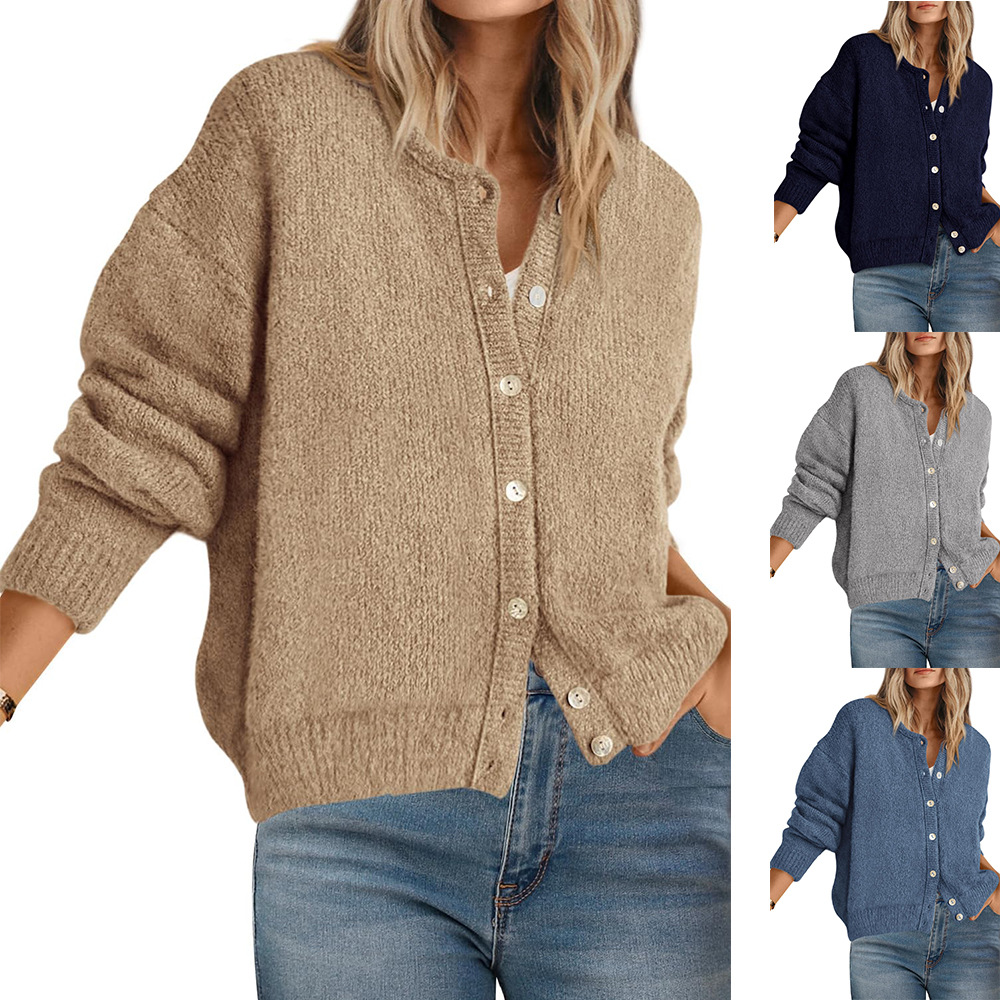 Women's Loose Crewneck Button-Front Knit Cardigan Solid Long-Sleeve Sweater Coat