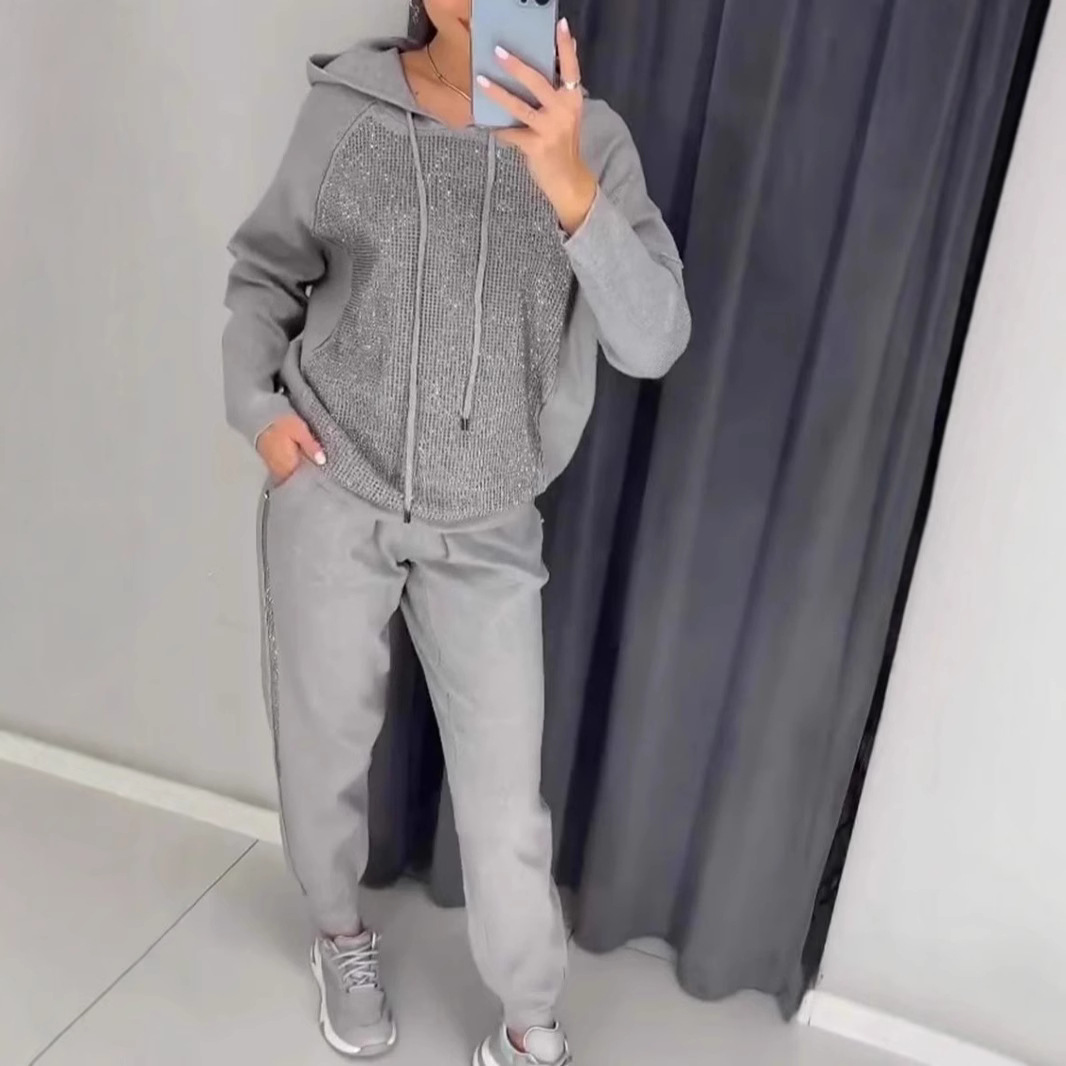 Women's Casual Hooded Rhinestone Sweatsuit with Pockets