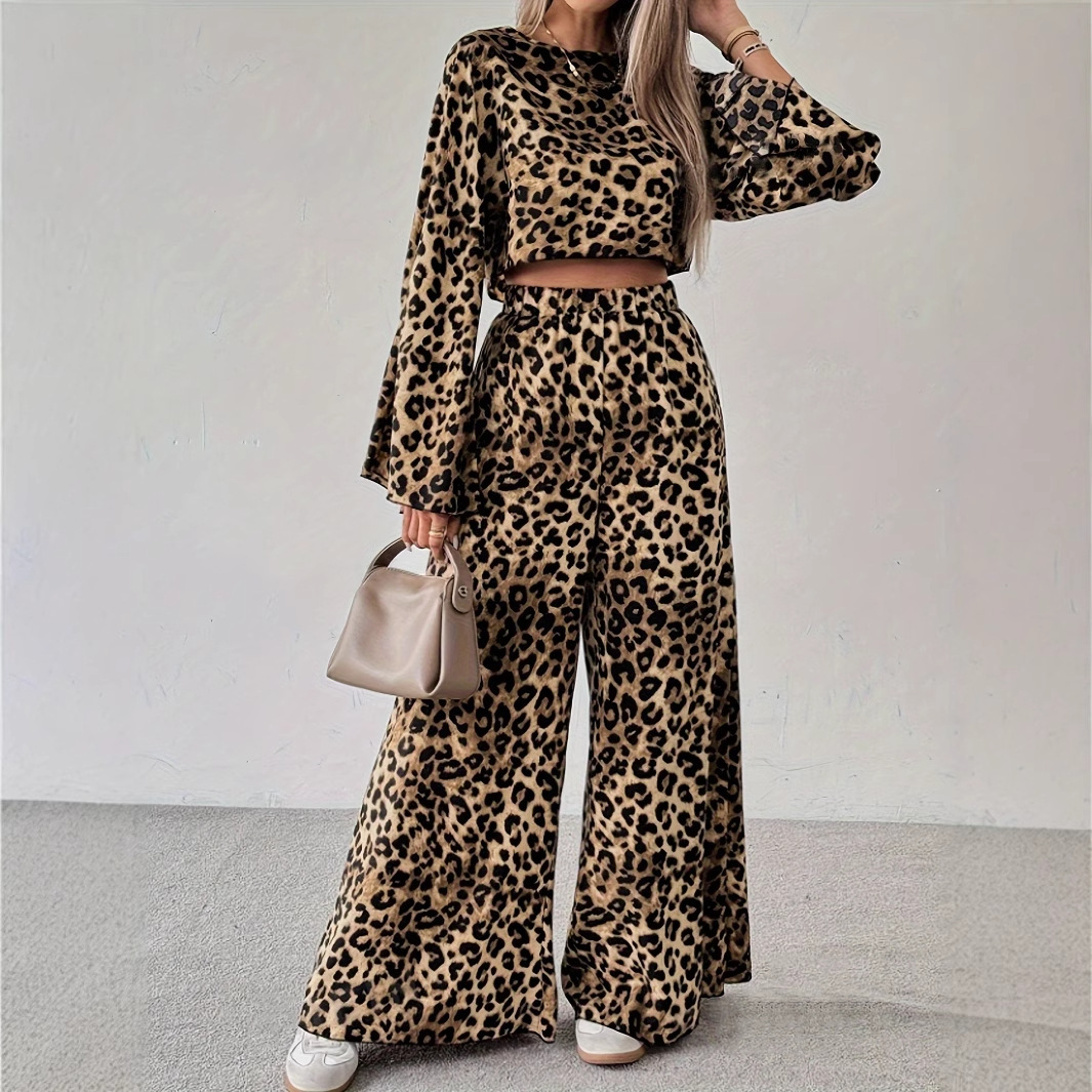 Leopard Print Long Sleeve Top and Pants Two-Piece Set