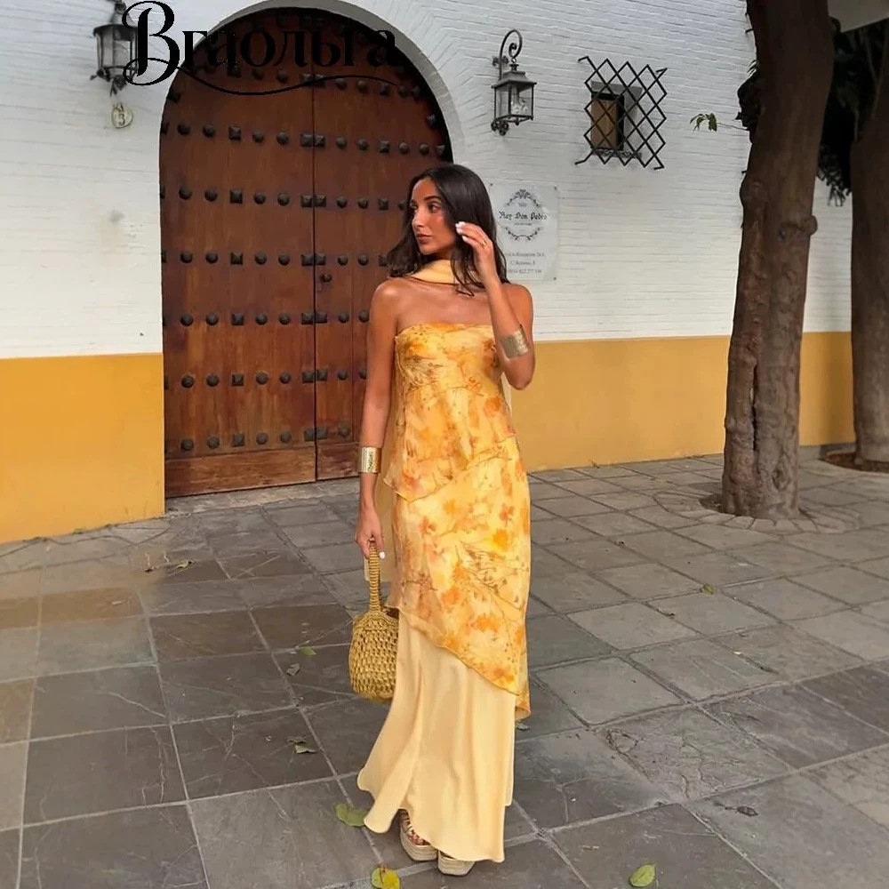 Yellow Floral Slip Dress Women's Summer Beach Midi A-Line