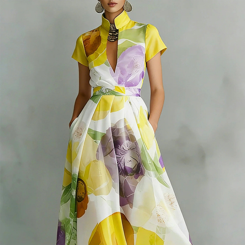 Floral Print Deep V-Neck Short Sleeve A-Line Maxi Dress