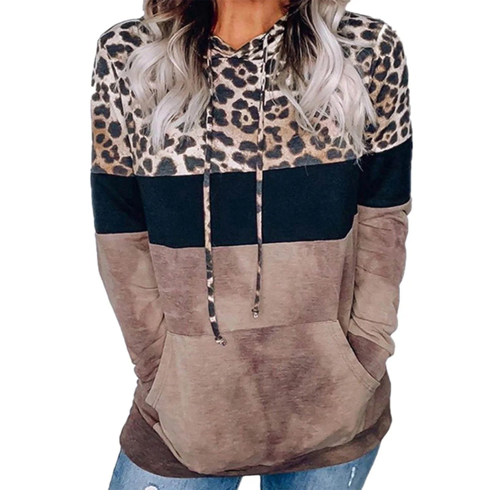 Women's Color-Block Leopard Print Hooded Sweatshirt