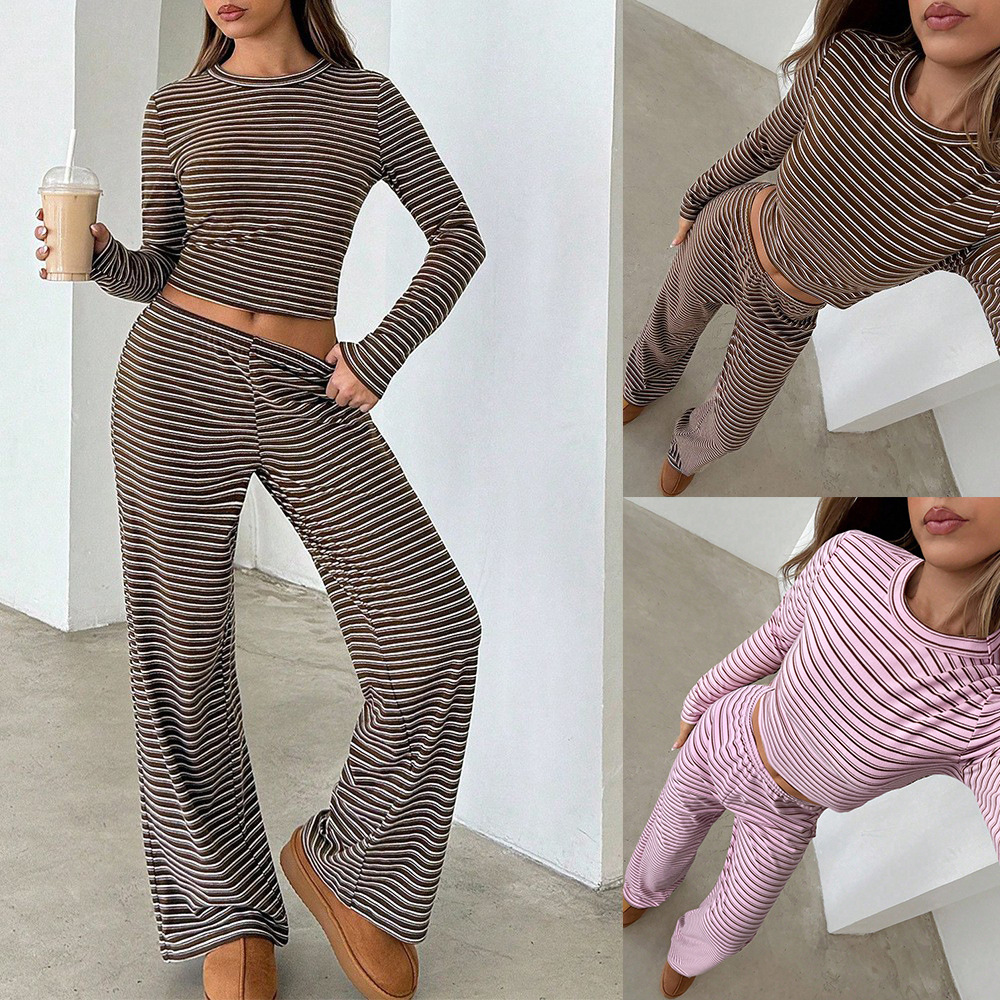 Striped Long-Sleeve Wide-Leg Pants Two-Piece Set