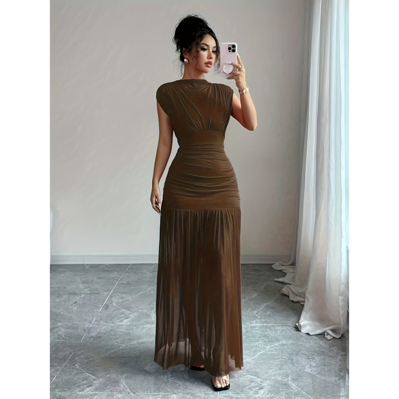 Women's Boat Neck Sleeveless Cutout Mesh Ruched Waist Long Dress