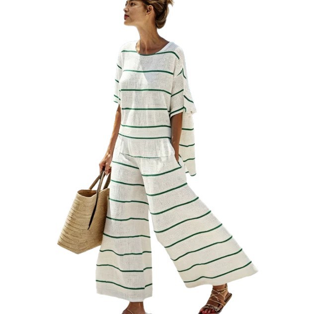 Striped Bohemian Print Short Sleeve Top & Pants Casual Set