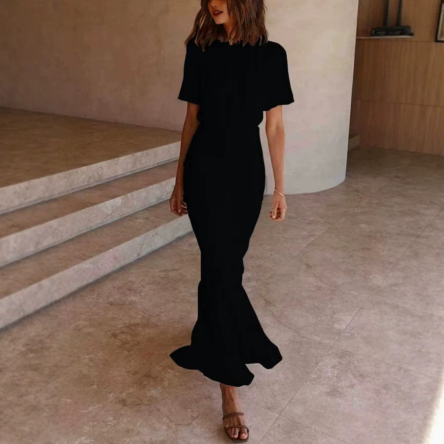 French Round Neck Slim Fit Mermaid Dress with 3/4 Sleeves