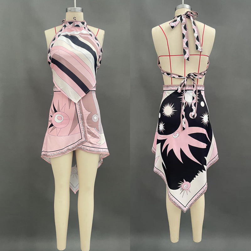 Satin Halter Neck Open Back Printed Two-Piece Skirt Set