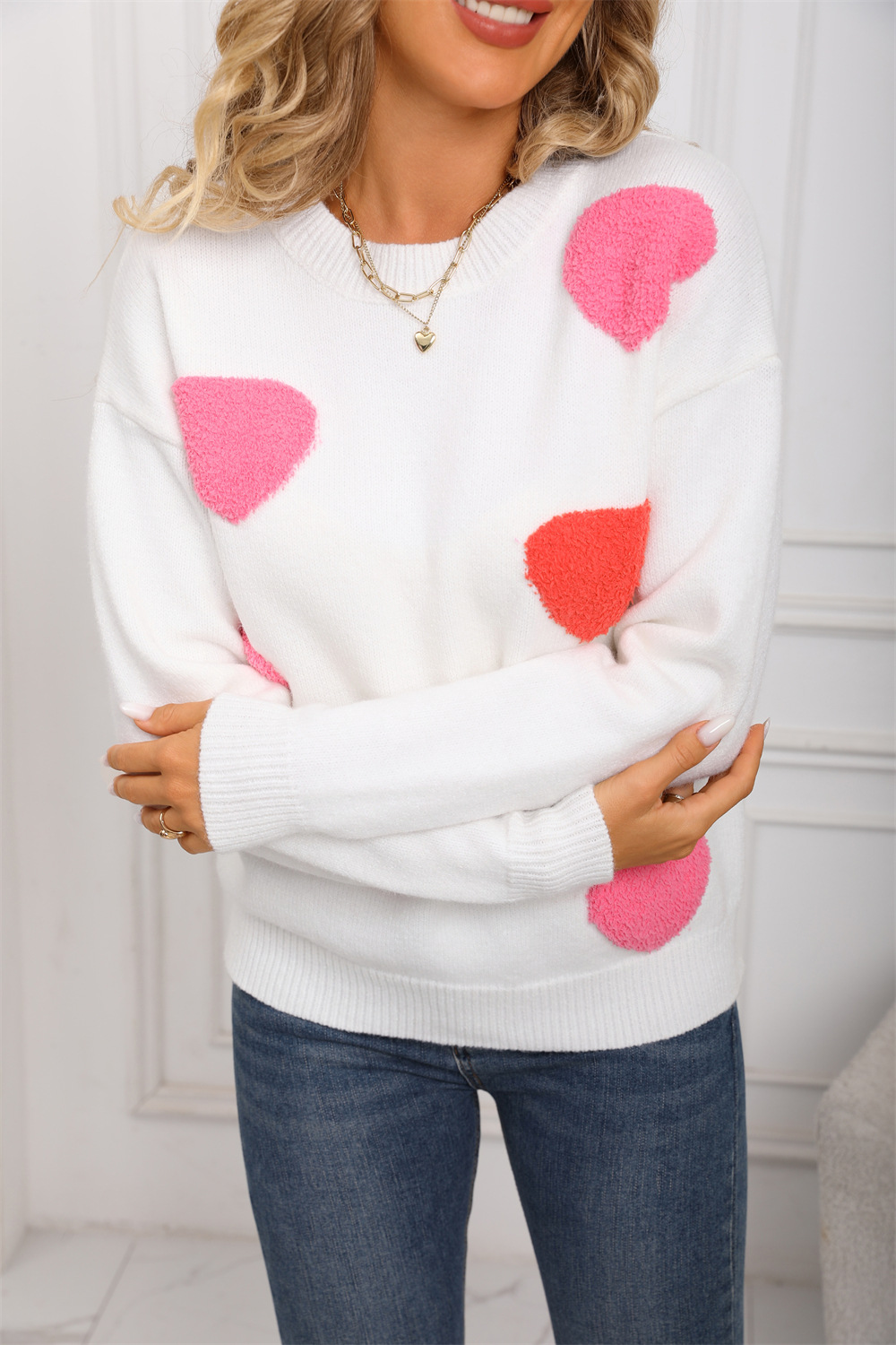 Plus Size Heart Colorblock Crewneck Knit Sweater