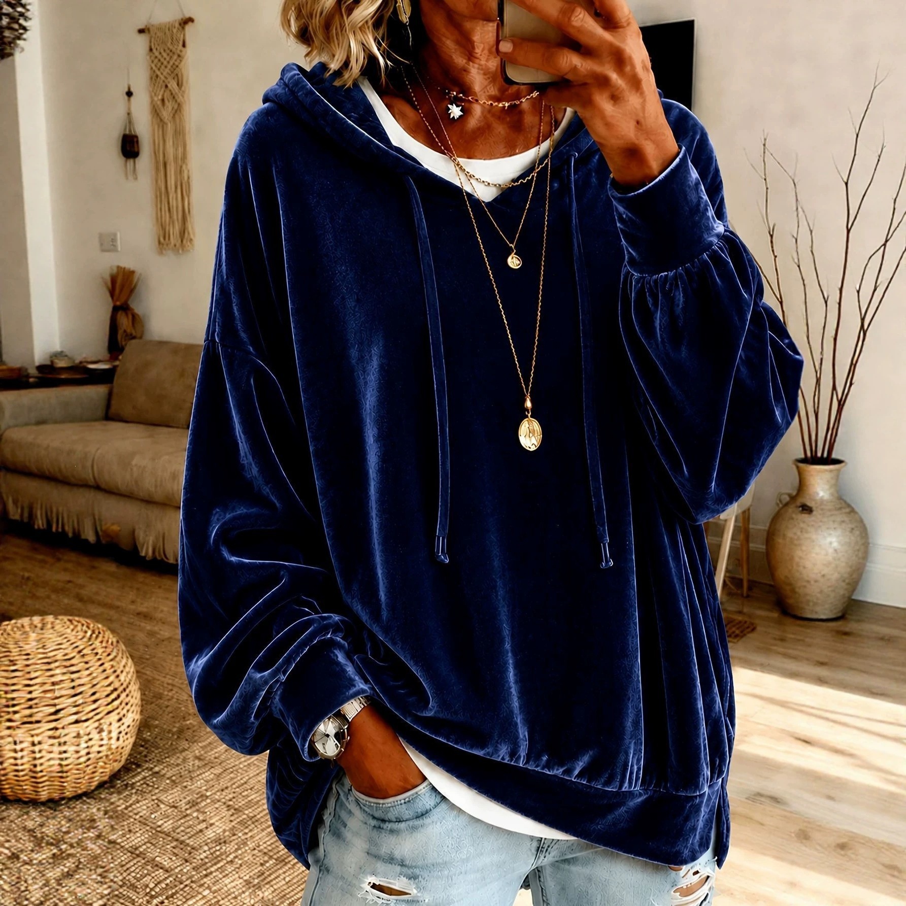 2026 Women's Velvet Hooded Drawstring Sweatshirt Loose Casual Long Sleeve Top Jacket for Europe and America Amazon Independent Station
