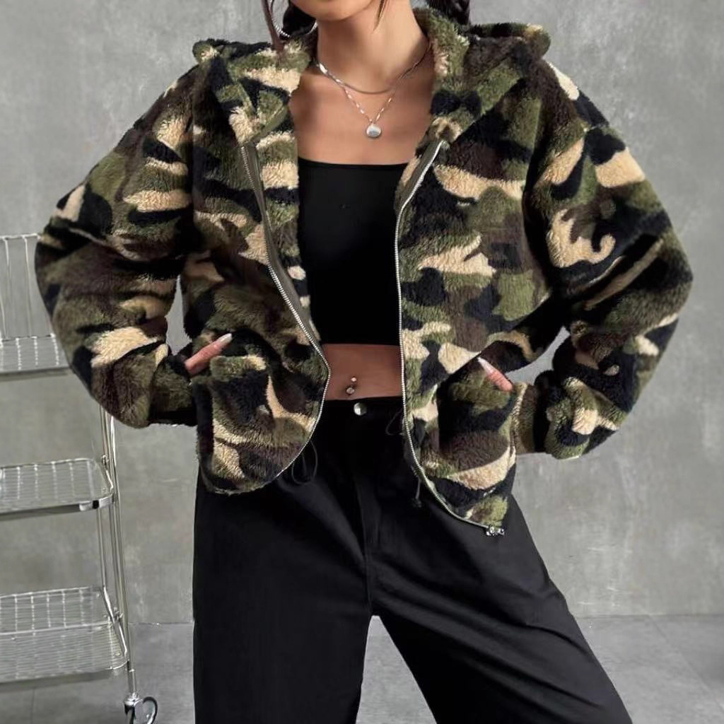 Reversible Camo Fleece Zip Hooded Cardigan Women's Plush Jacket