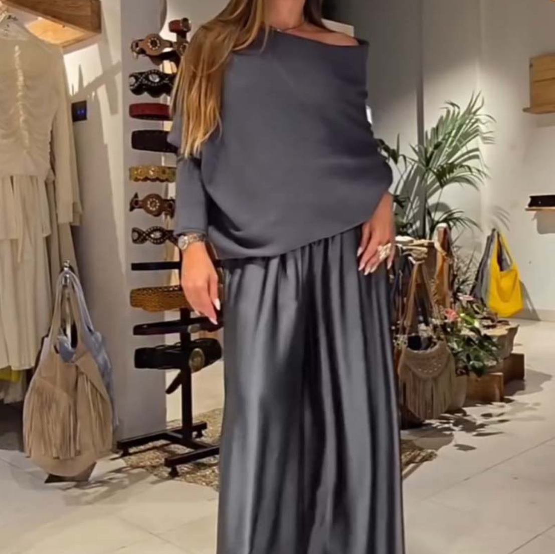 Elegant Off-Shoulder Top and Satin Wide-Leg Pants Two-Piece Set