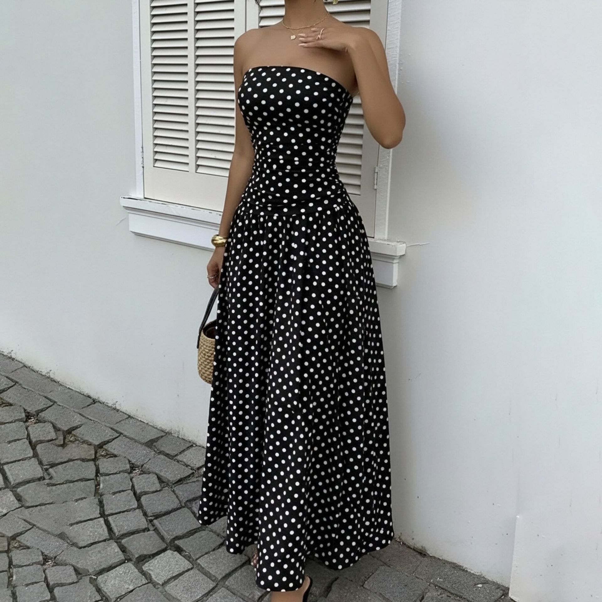 Women's Strapless Polka Dot French Vintage Bodycon Midi Dress